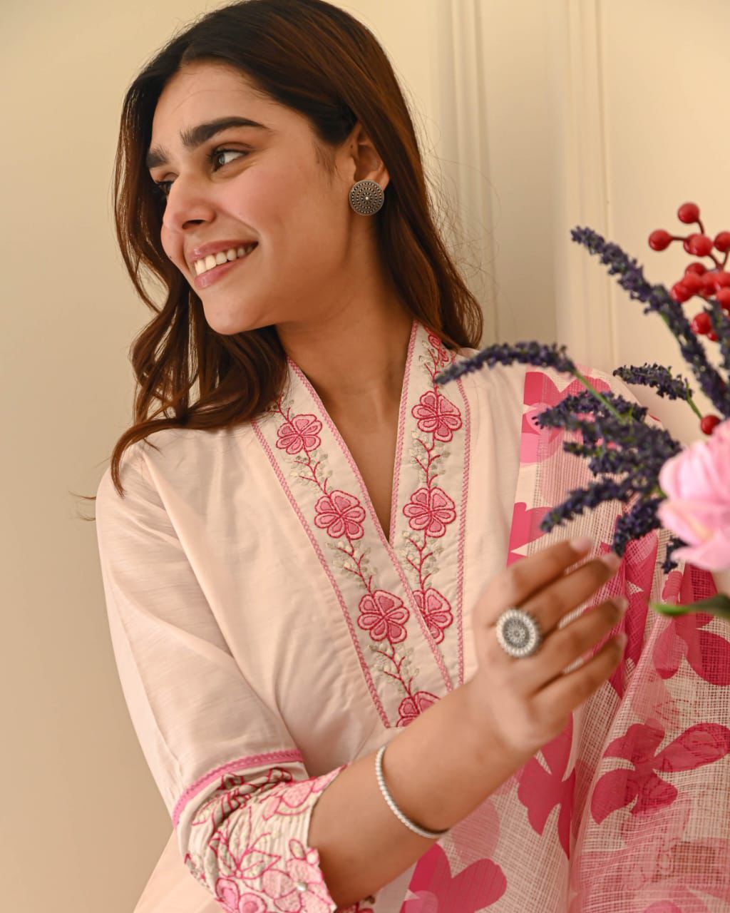 Blush Pink Kurta Set with Statement Floral Dupatta
