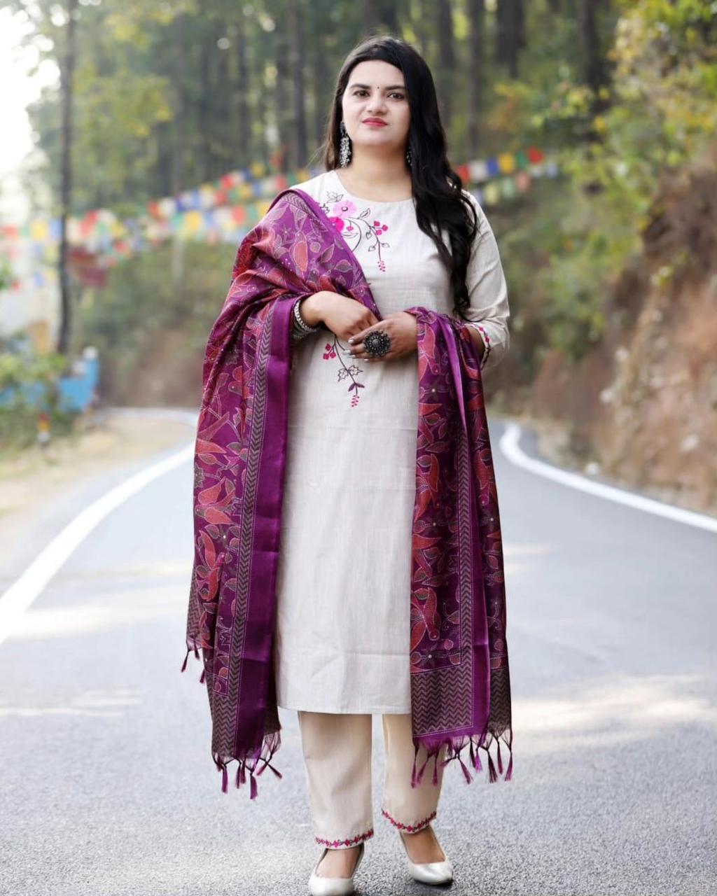 Minimalist Beige Suit with Vibrant Purple Printed Shawl