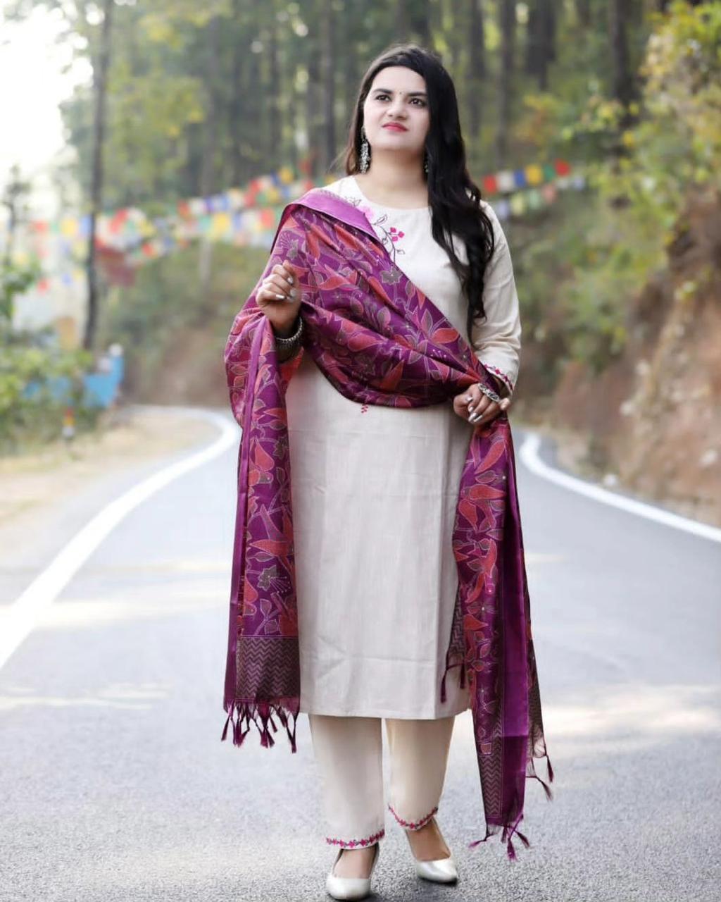 Minimalist Beige Suit with Vibrant Purple Printed Shawl
