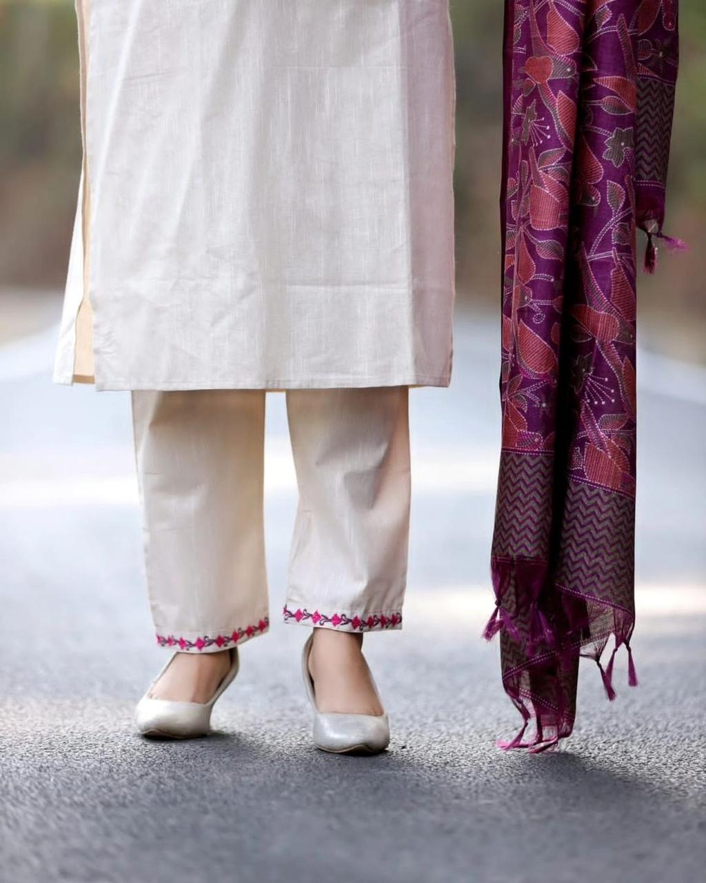 Minimalist Beige Suit with Vibrant Purple Printed Shawl