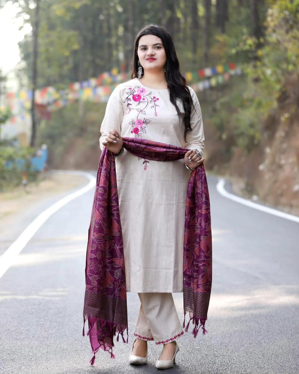 Minimalist Beige Suit with Vibrant Purple Printed Shawl