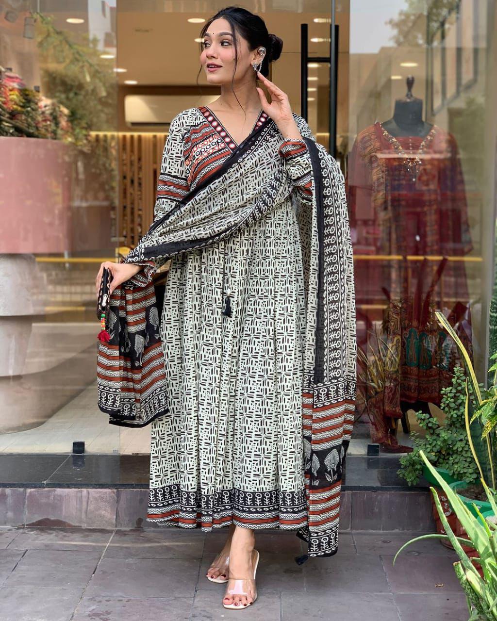 Black, White, and Rust Geometric Print Anarkali Suit
