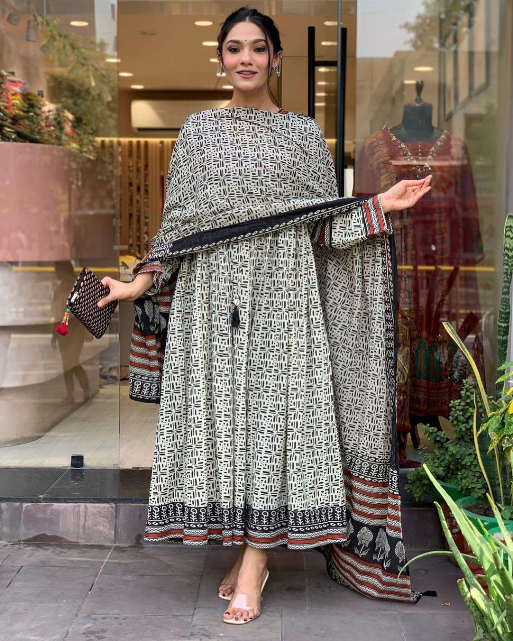 Black, White, and Rust Geometric Print Anarkali Suit