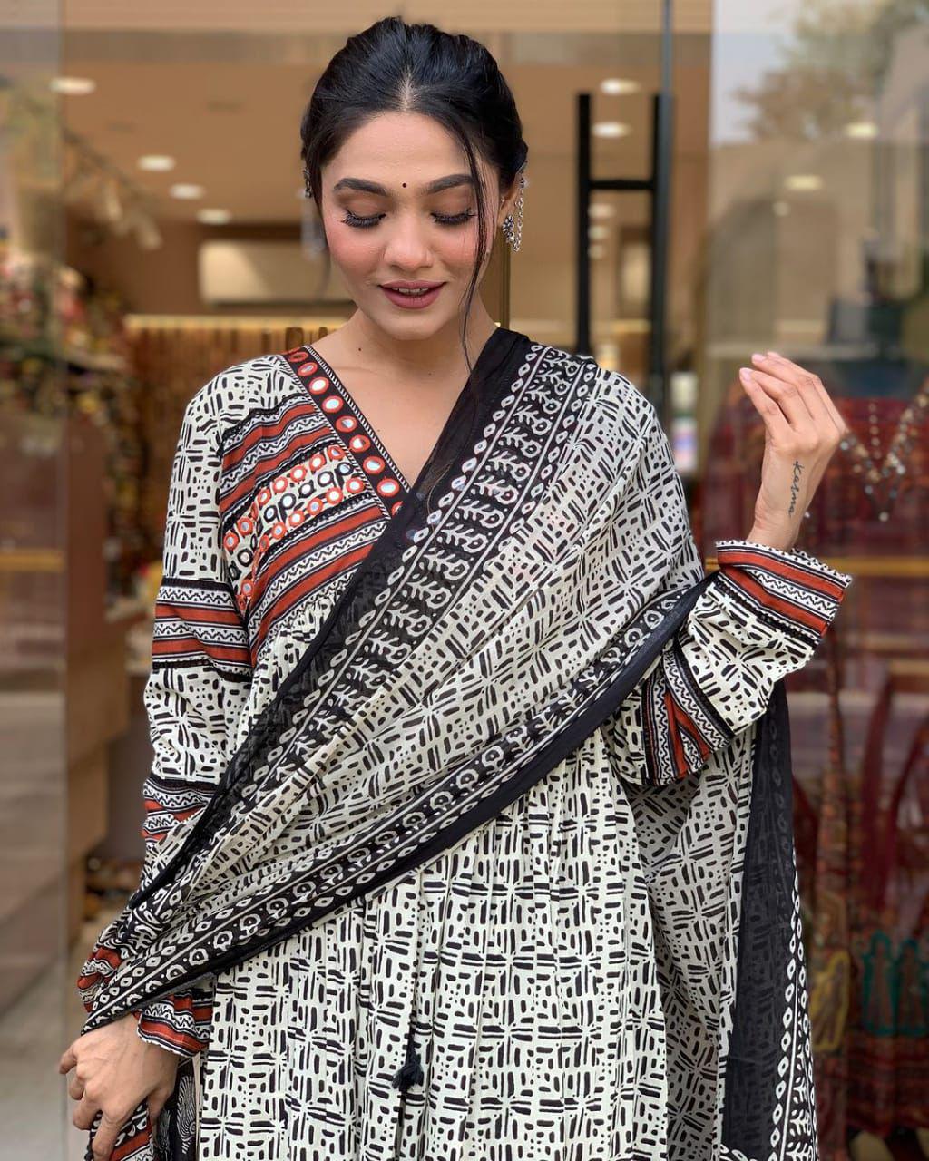 Black, White, and Rust Geometric Print Anarkali Suit