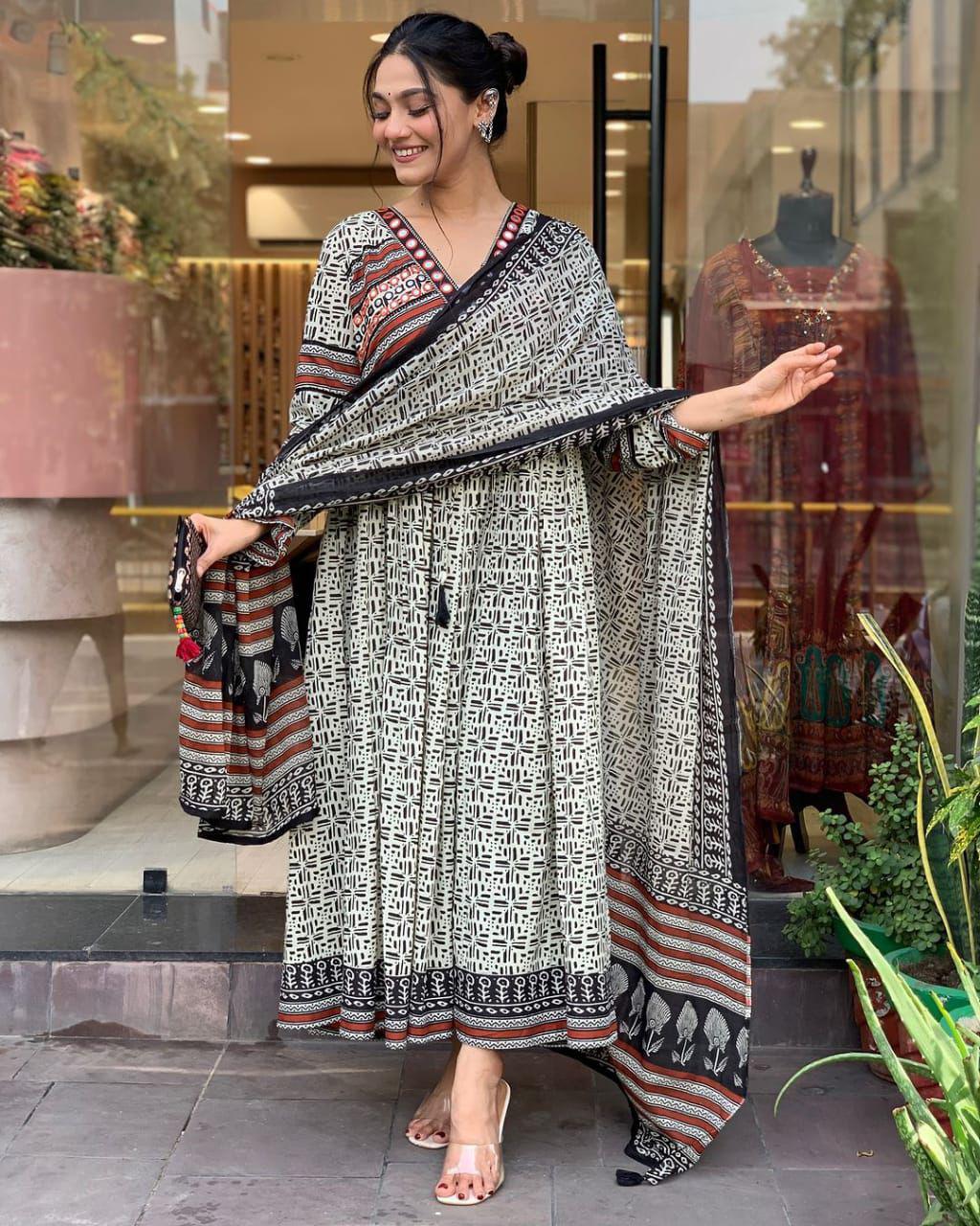 Black, White, and Rust Geometric Print Anarkali Suit