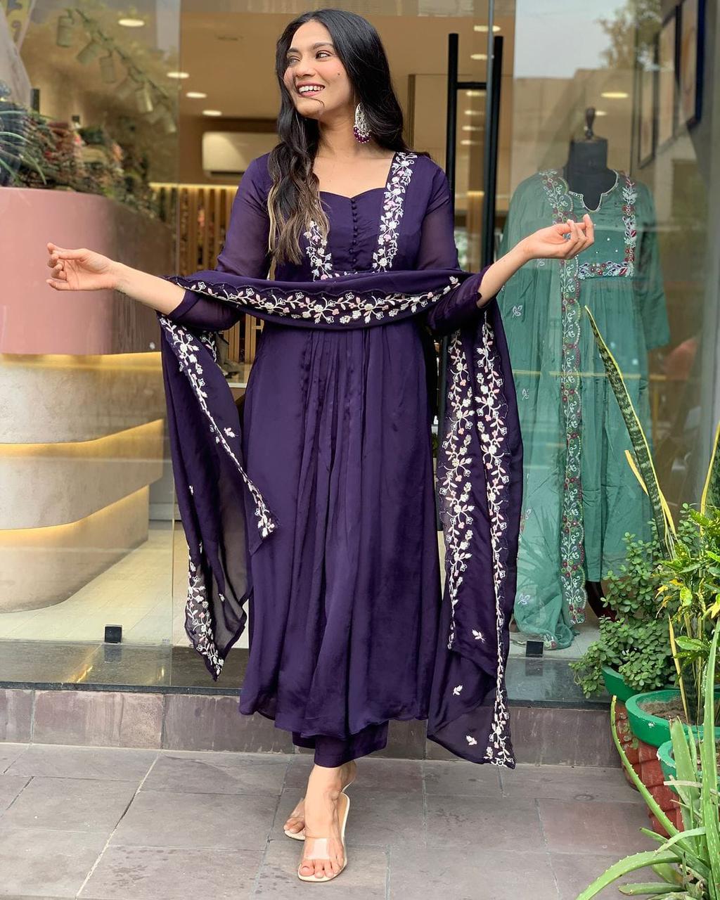 Regal Deep Purple Flared Suit with White Embroidery