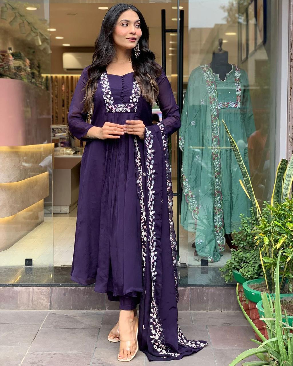Regal Deep Purple Flared Suit with White Embroidery