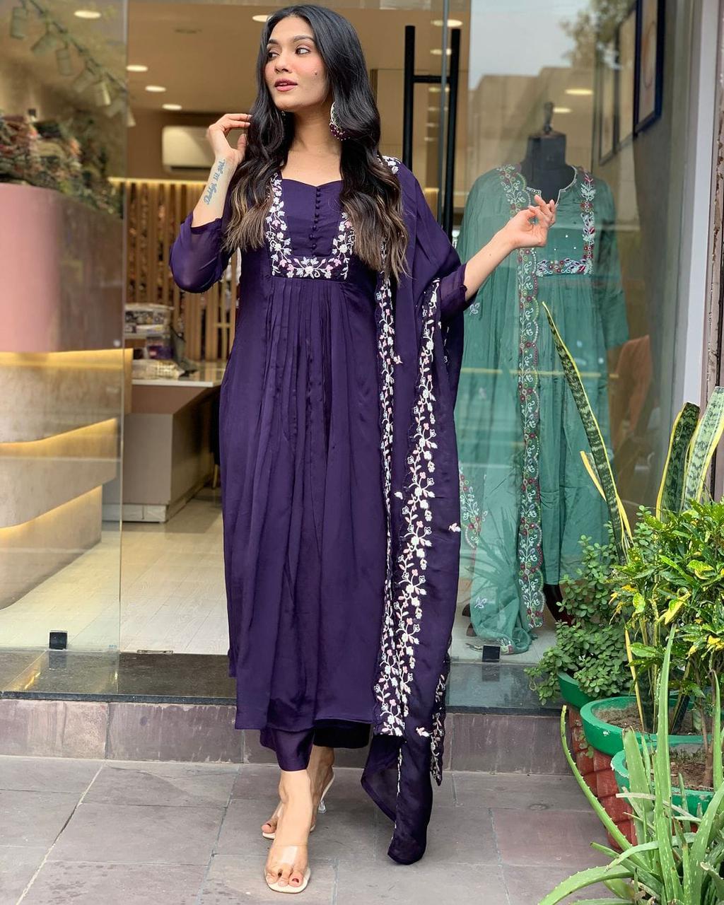 Regal Deep Purple Flared Suit with White Embroidery