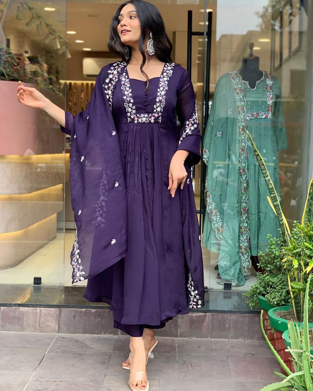 Regal Deep Purple Flared Suit with White Embroidery