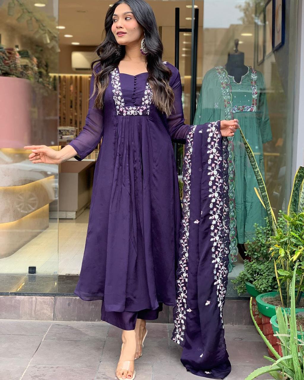 Regal Deep Purple Flared Suit with White Embroidery