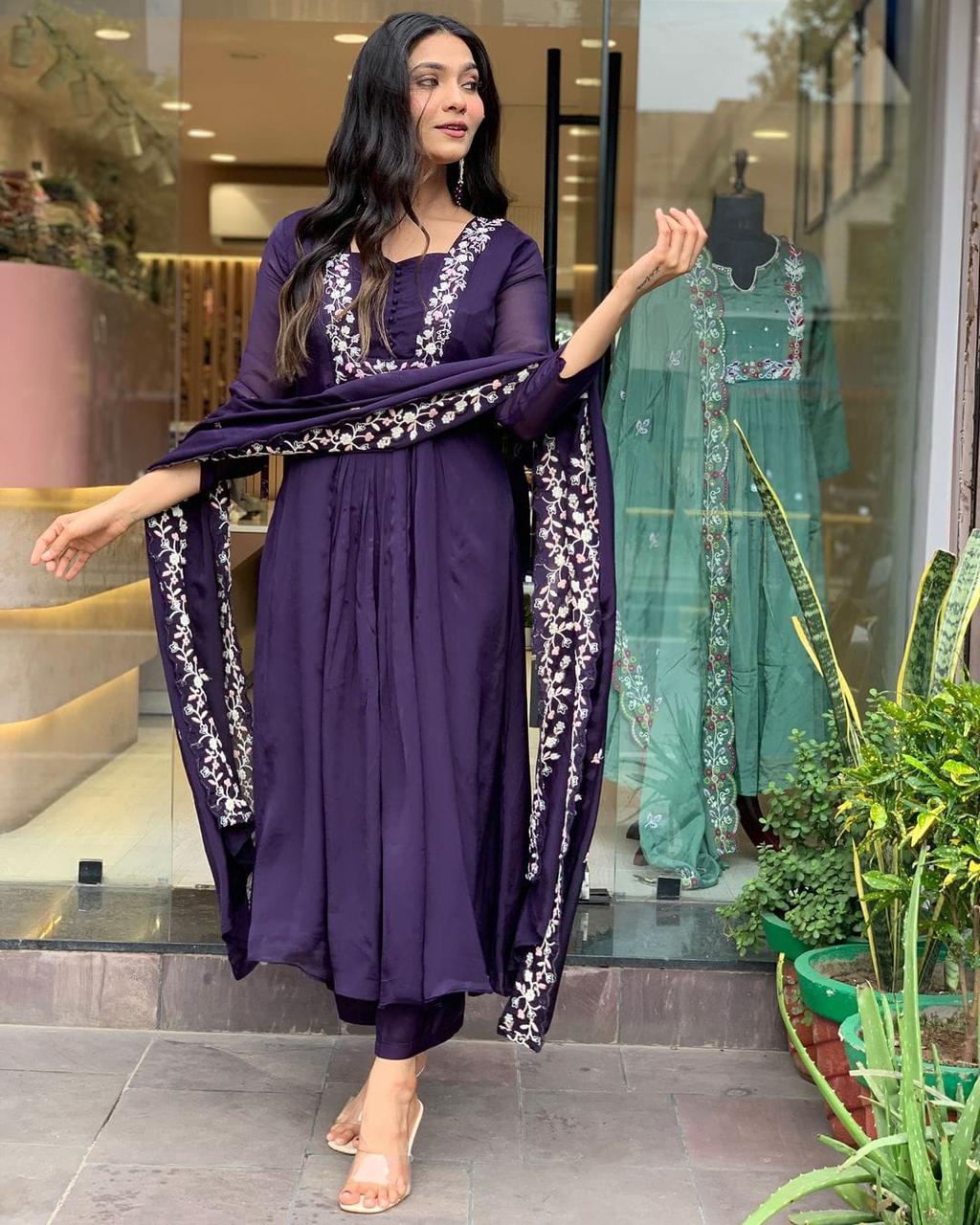 Regal Deep Purple Flared Suit with White Embroidery
