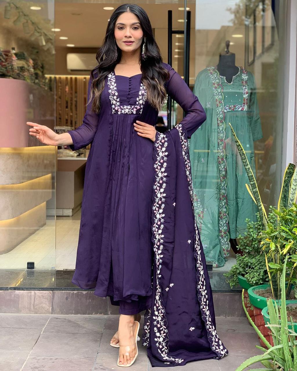 Regal Deep Purple Flared Suit with White Embroidery
