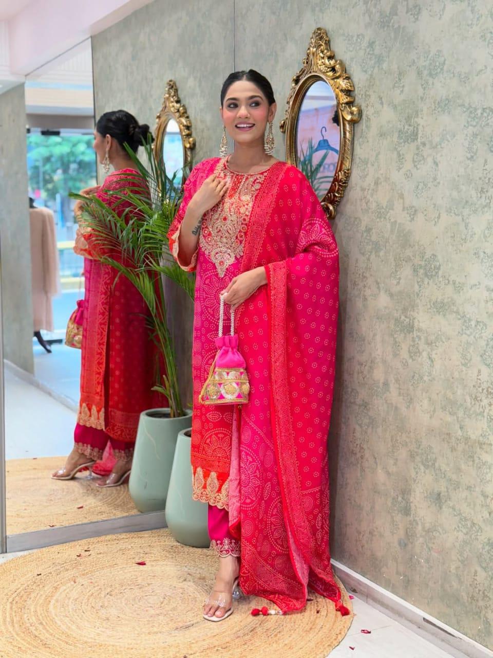 Vibrant Hot Pink Bandhani Print Suit with Gold Work
