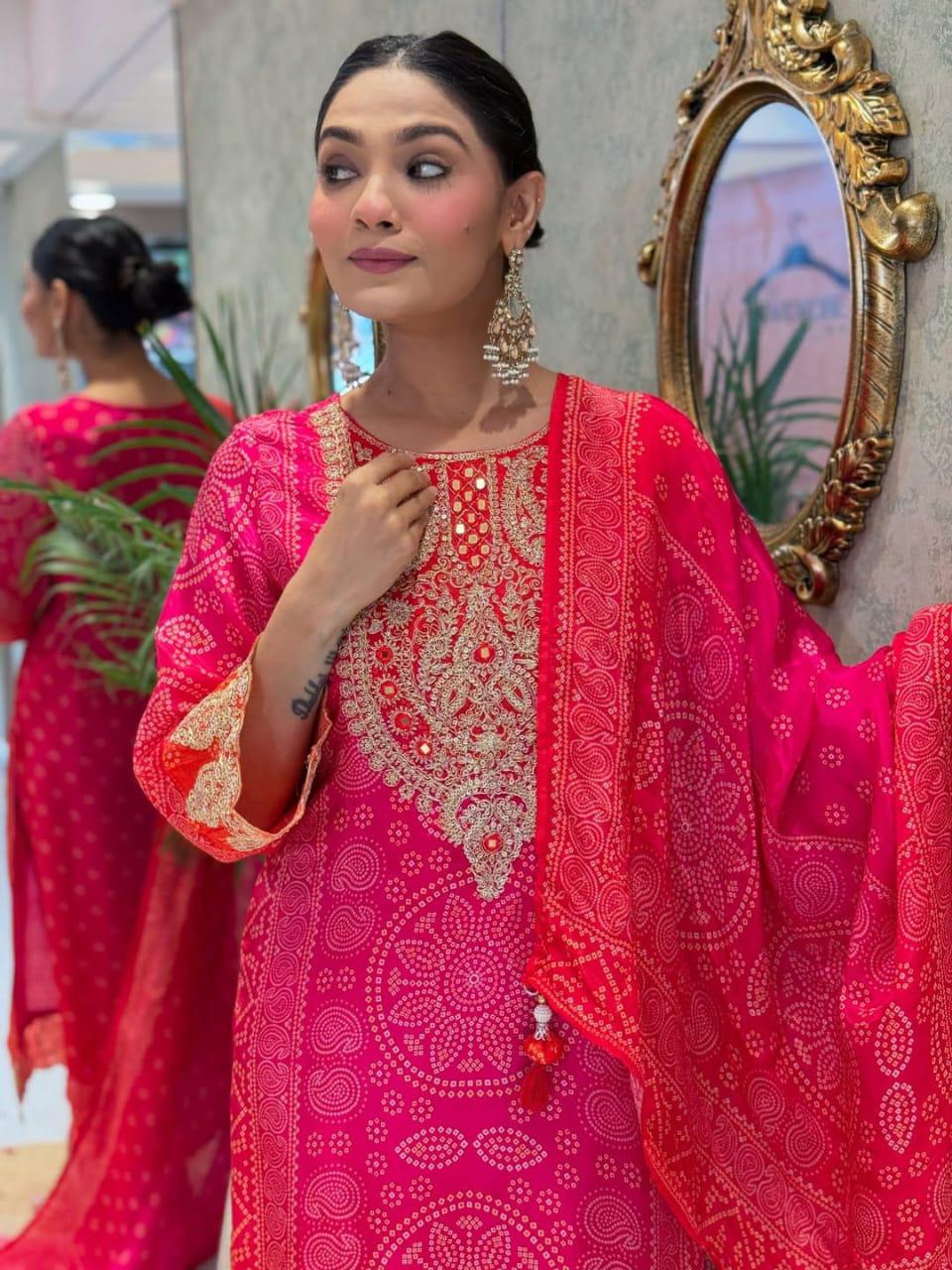 Vibrant Hot Pink Bandhani Print Suit with Gold Work