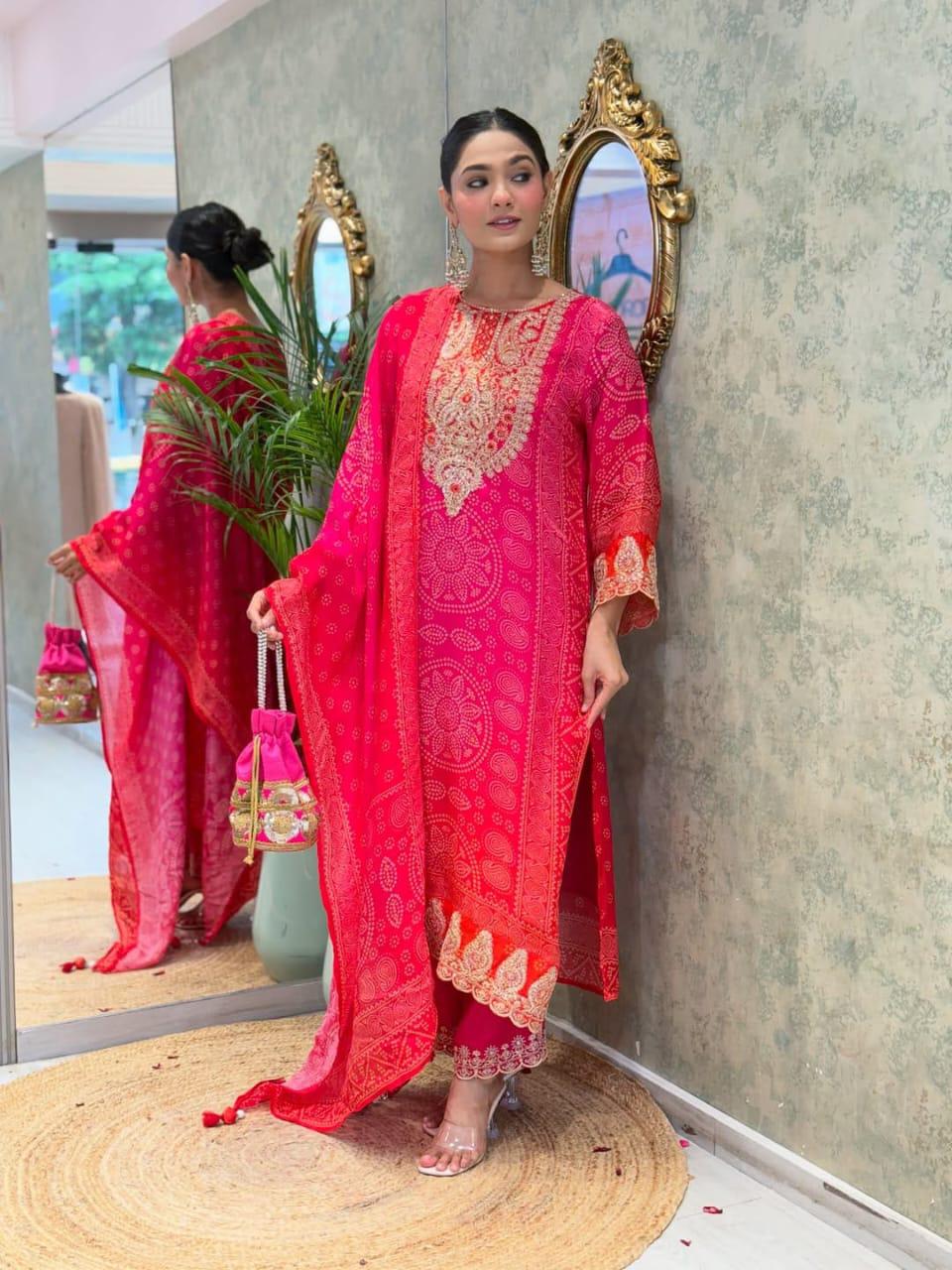 Vibrant Hot Pink Bandhani Print Suit with Gold Work