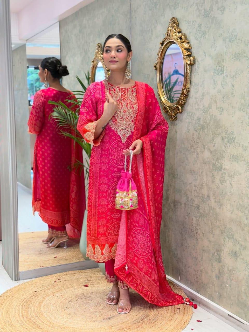 Vibrant Hot Pink Bandhani Print Suit with Gold Work