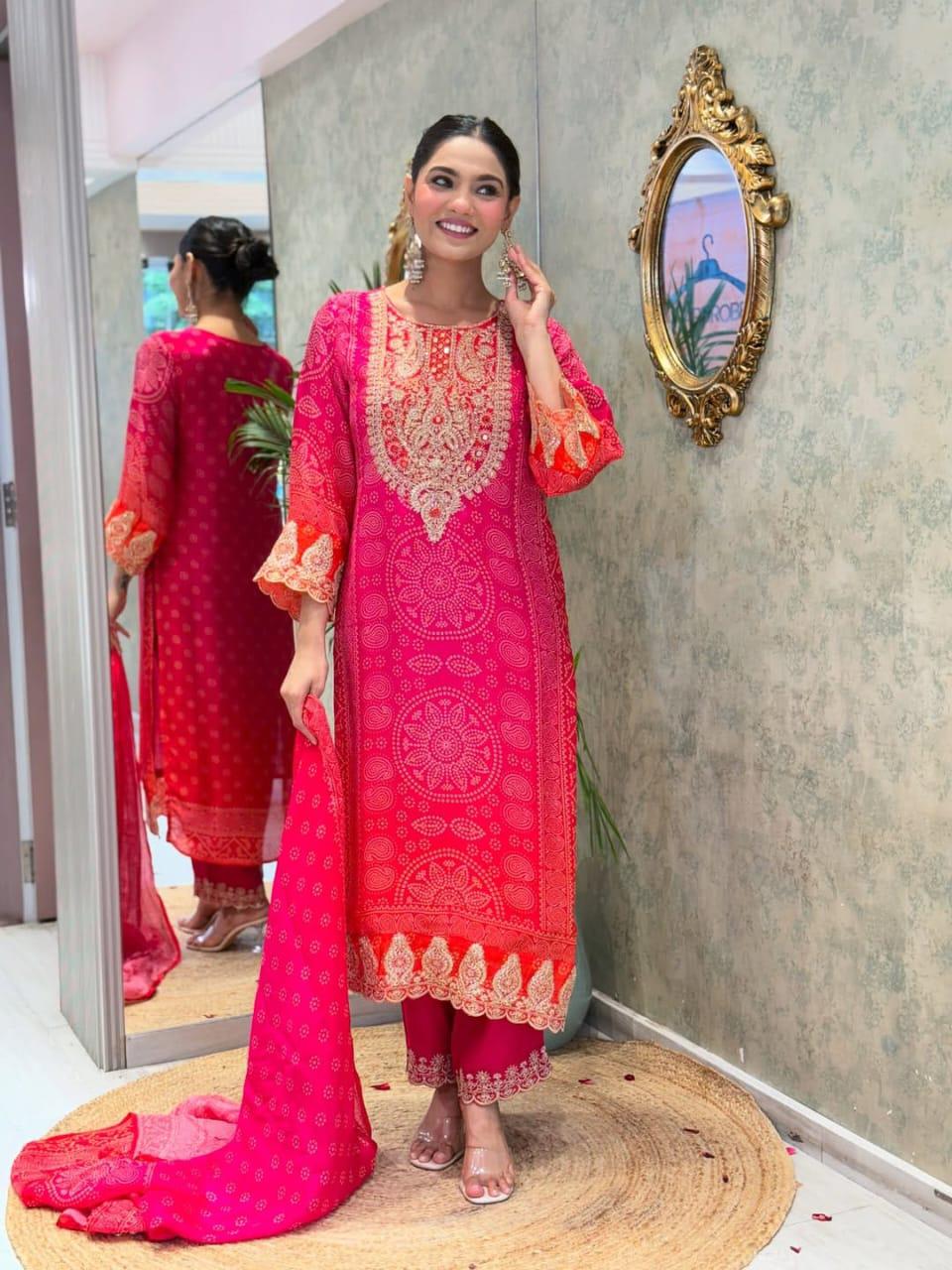 Vibrant Hot Pink Bandhani Print Suit with Gold Work