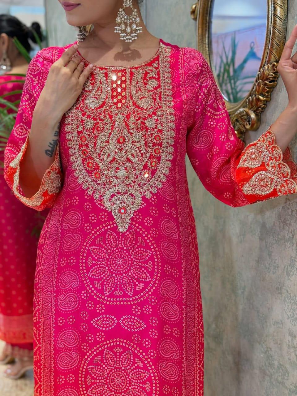 Vibrant Hot Pink Bandhani Print Suit with Gold Work