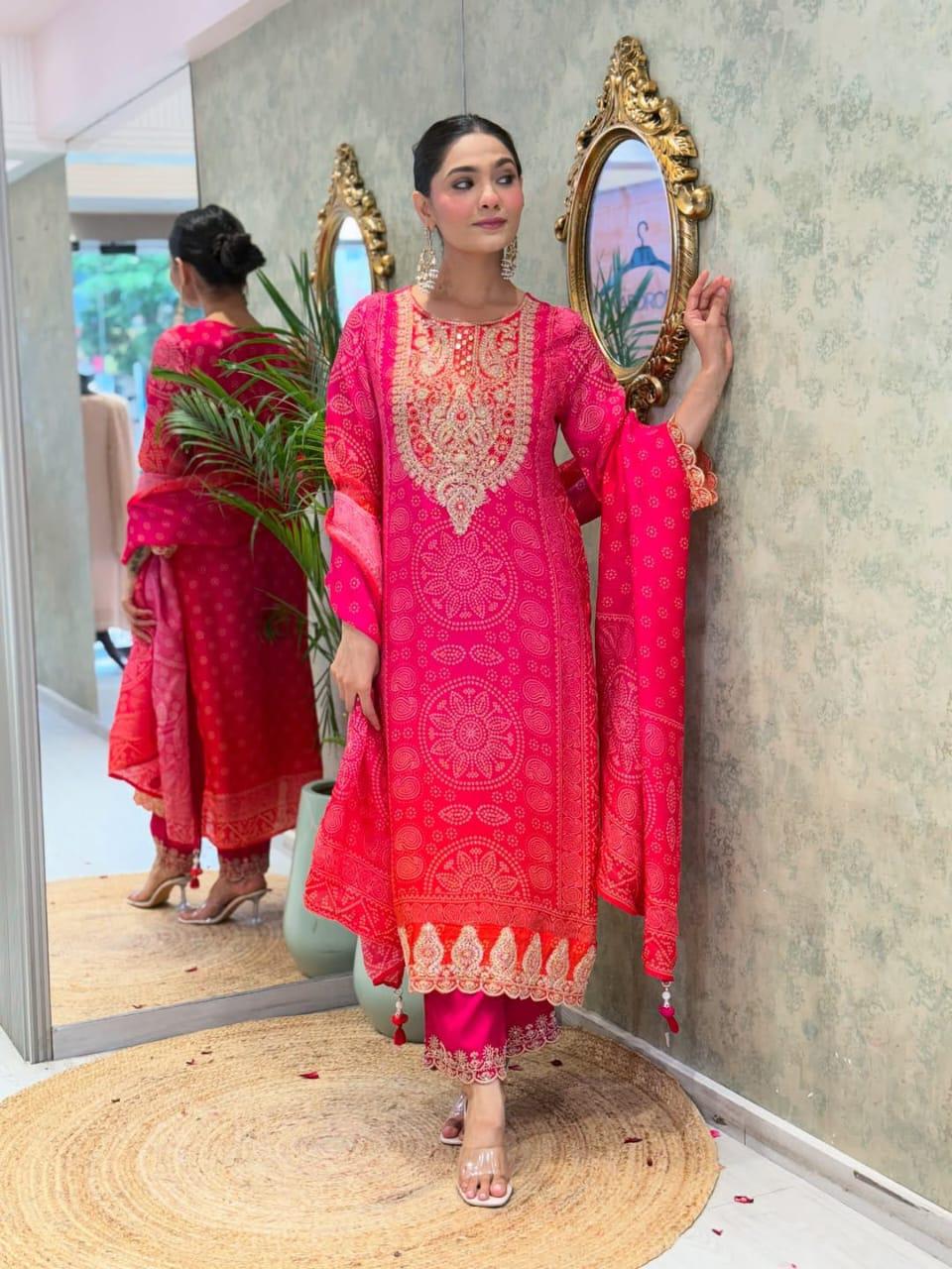 Vibrant Hot Pink Bandhani Print Suit with Gold Work