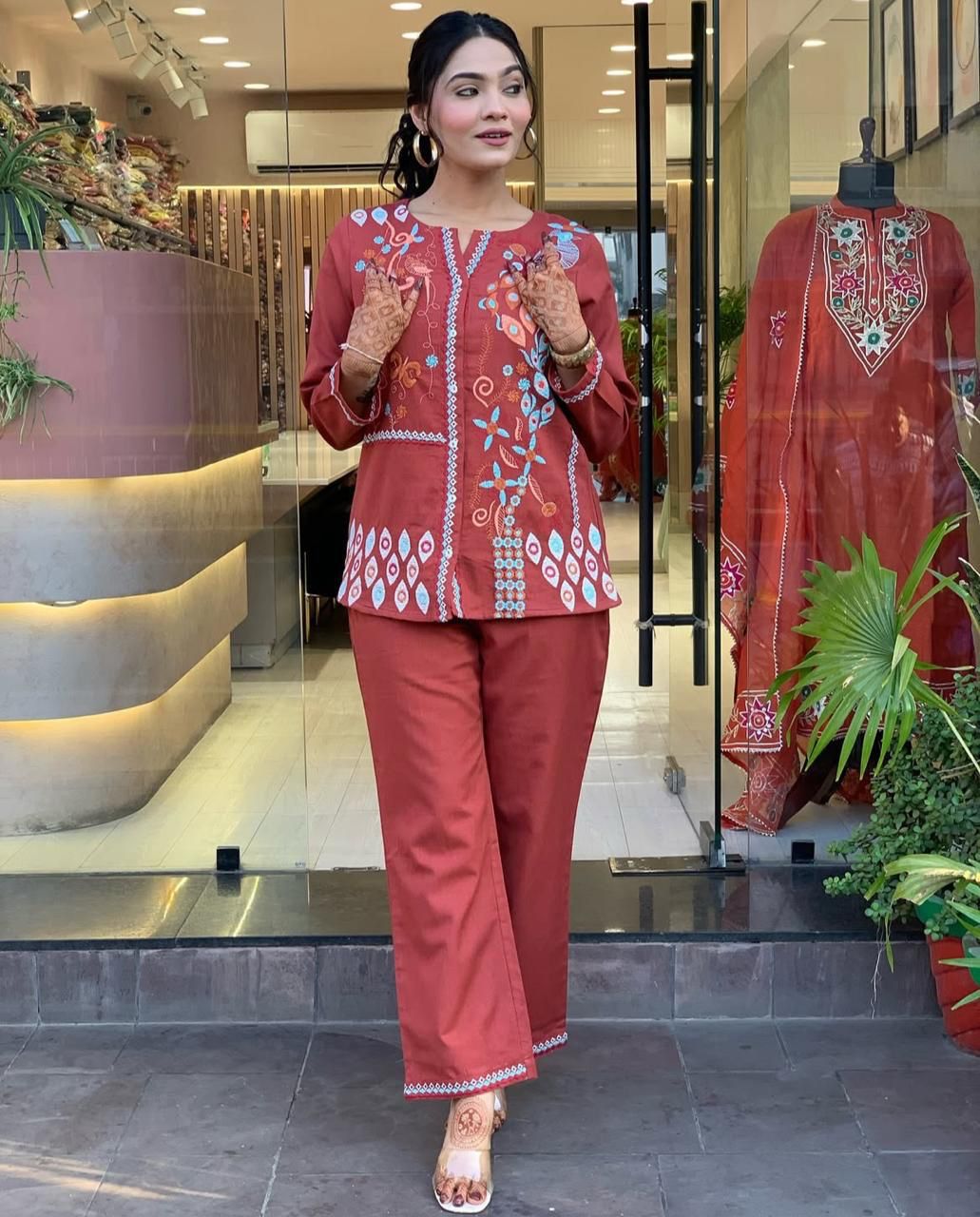Embroidered Co-ord Set with Abstract Floral Motifs