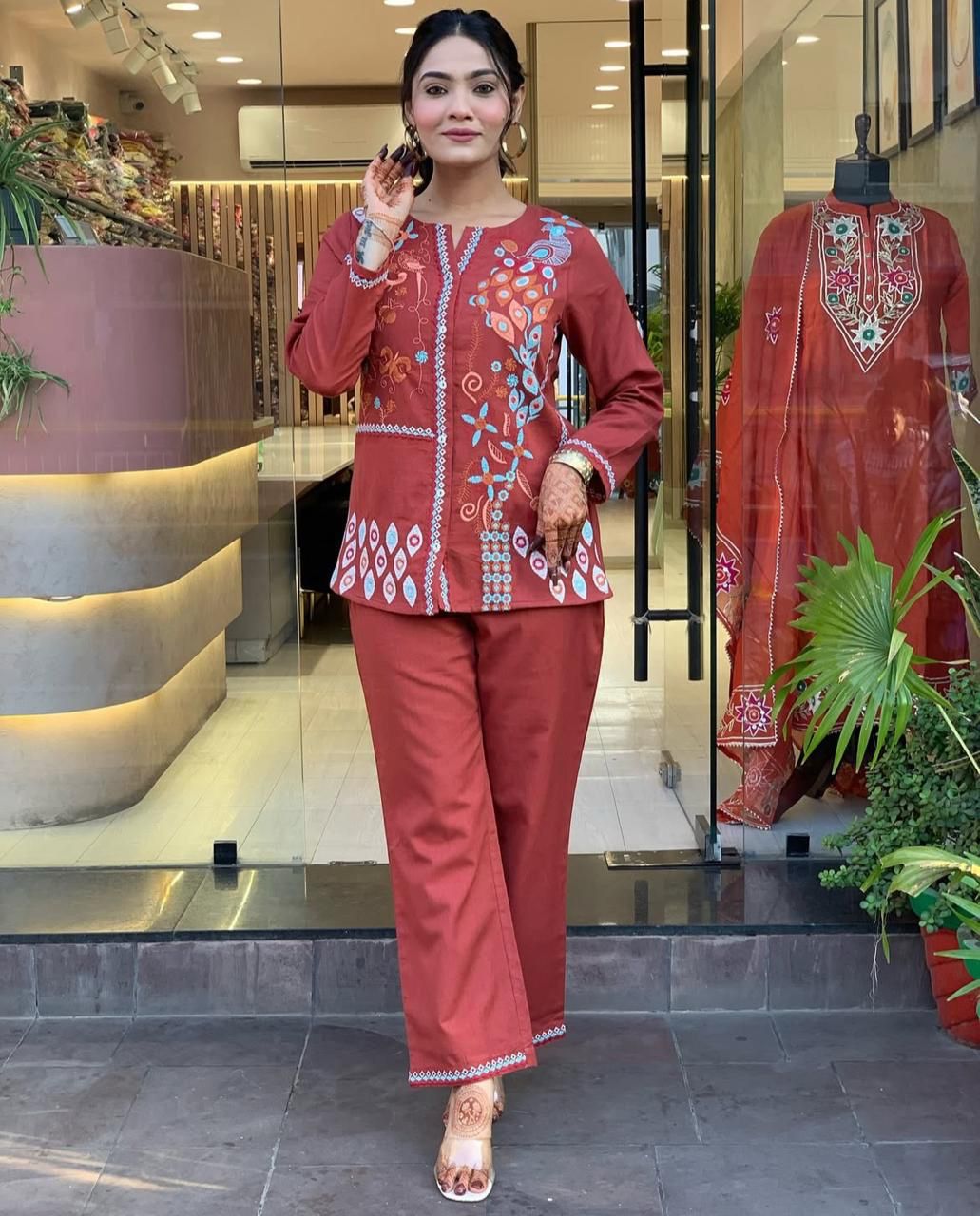 Embroidered Co-ord Set with Abstract Floral Motifs