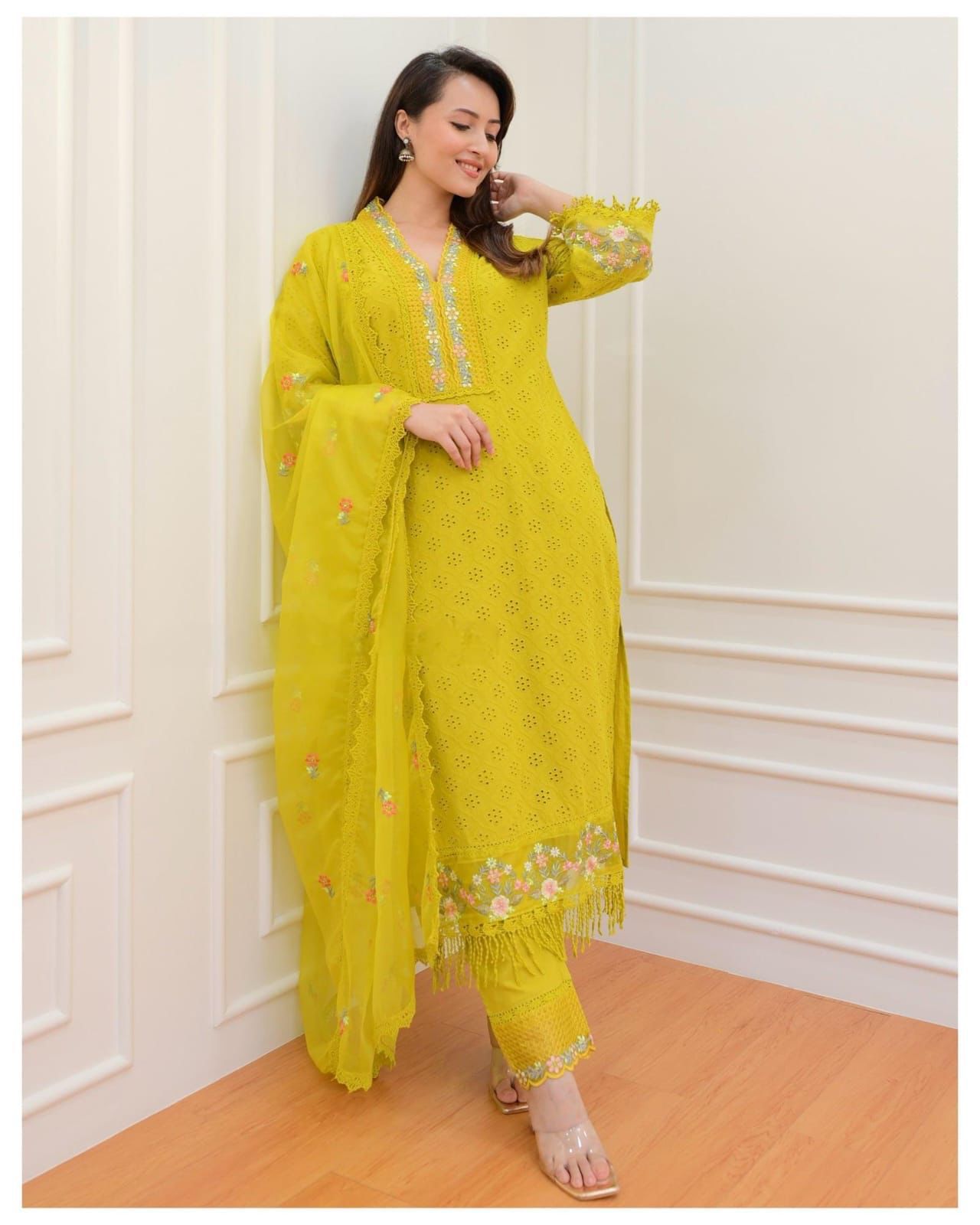 Ivory Flared Kurta Set with Intricate Floral Yoke Embroidery