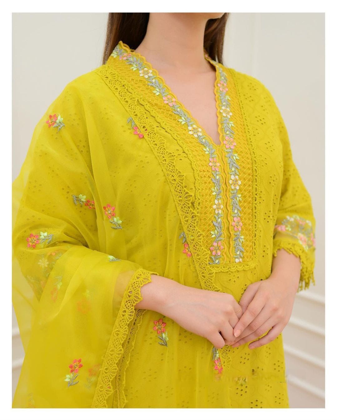 Ivory Flared Kurta Set with Intricate Floral Yoke Embroidery