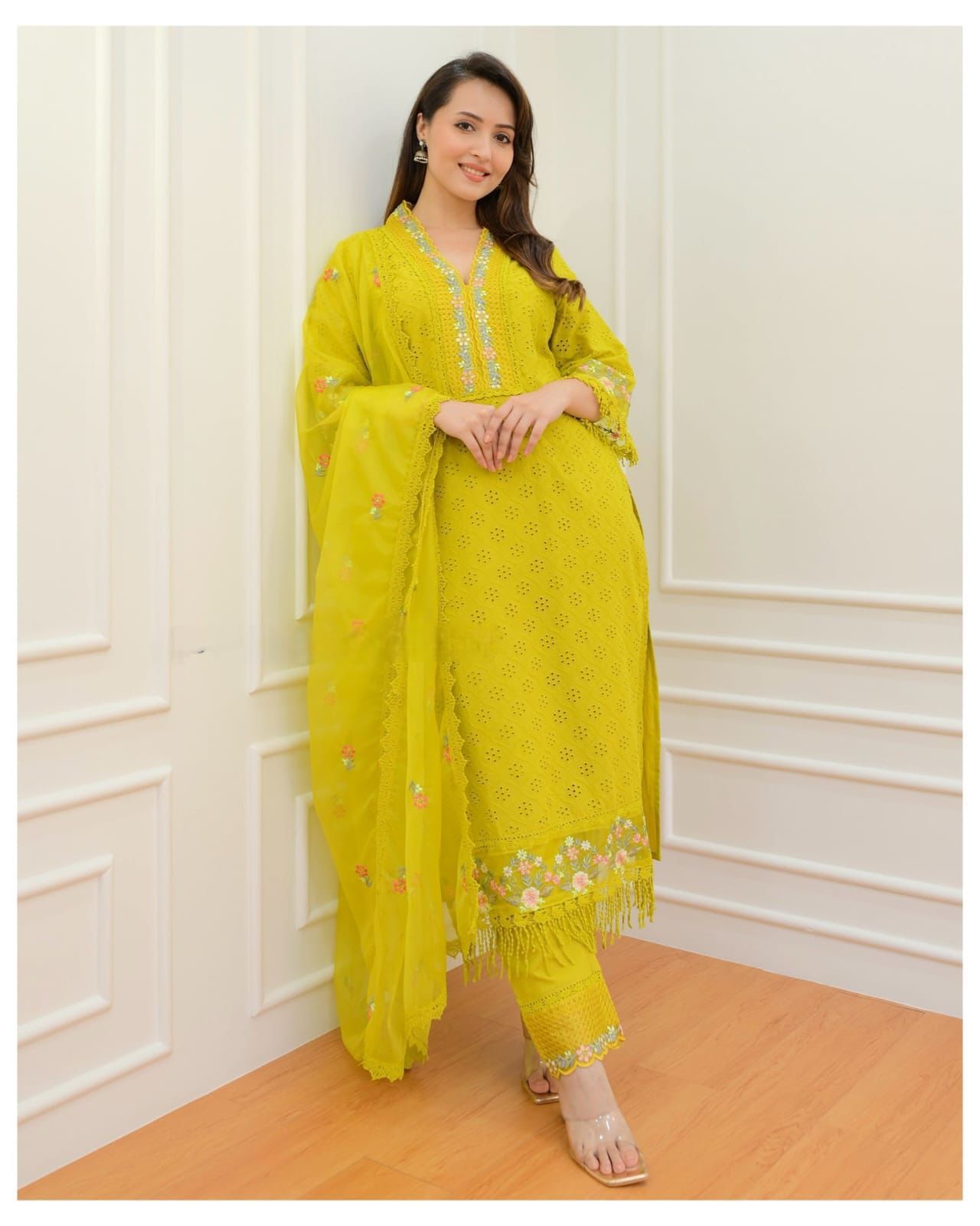 Ivory Flared Kurta Set with Intricate Floral Yoke Embroidery