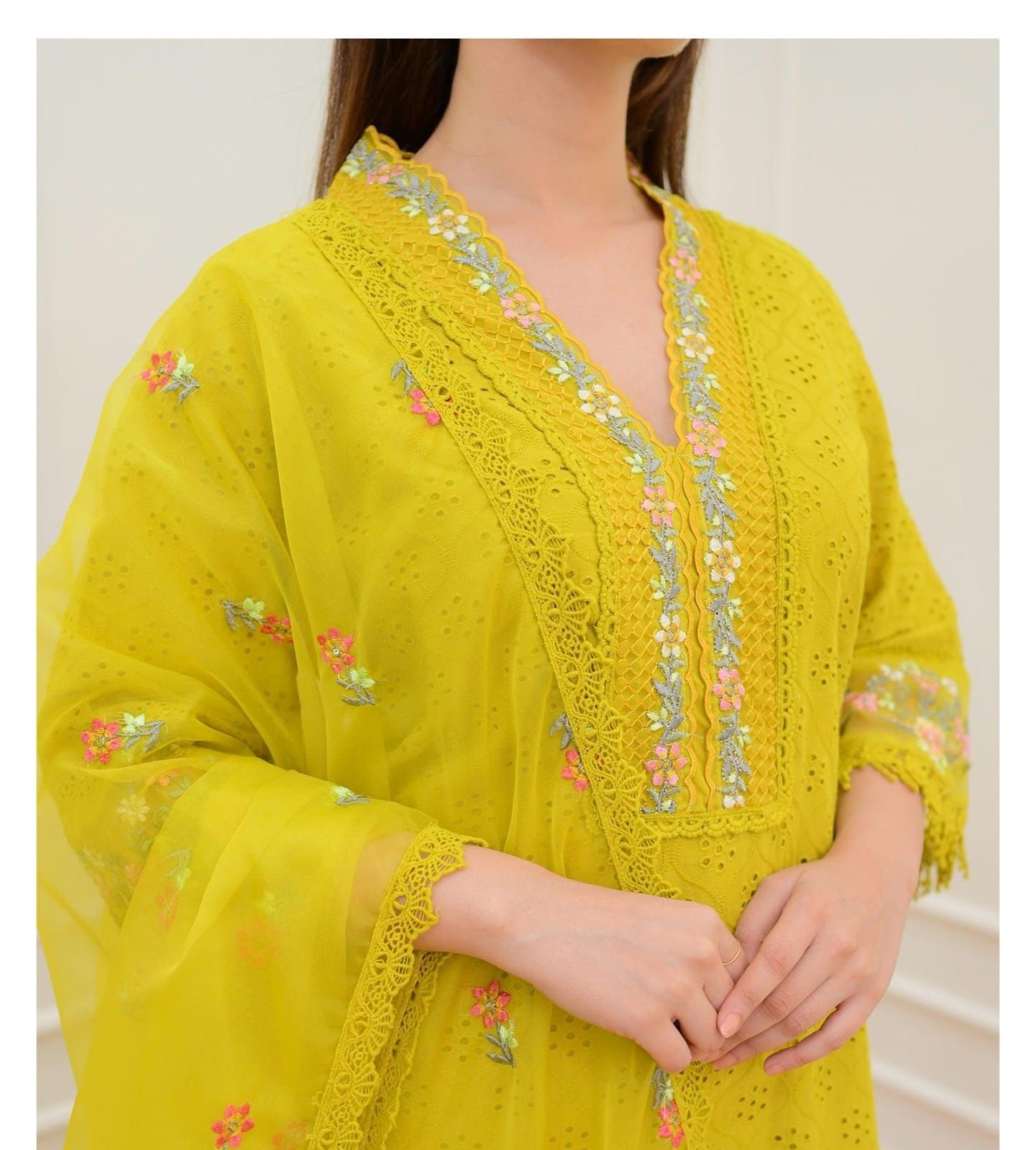 Ivory Flared Kurta Set with Intricate Floral Yoke Embroidery