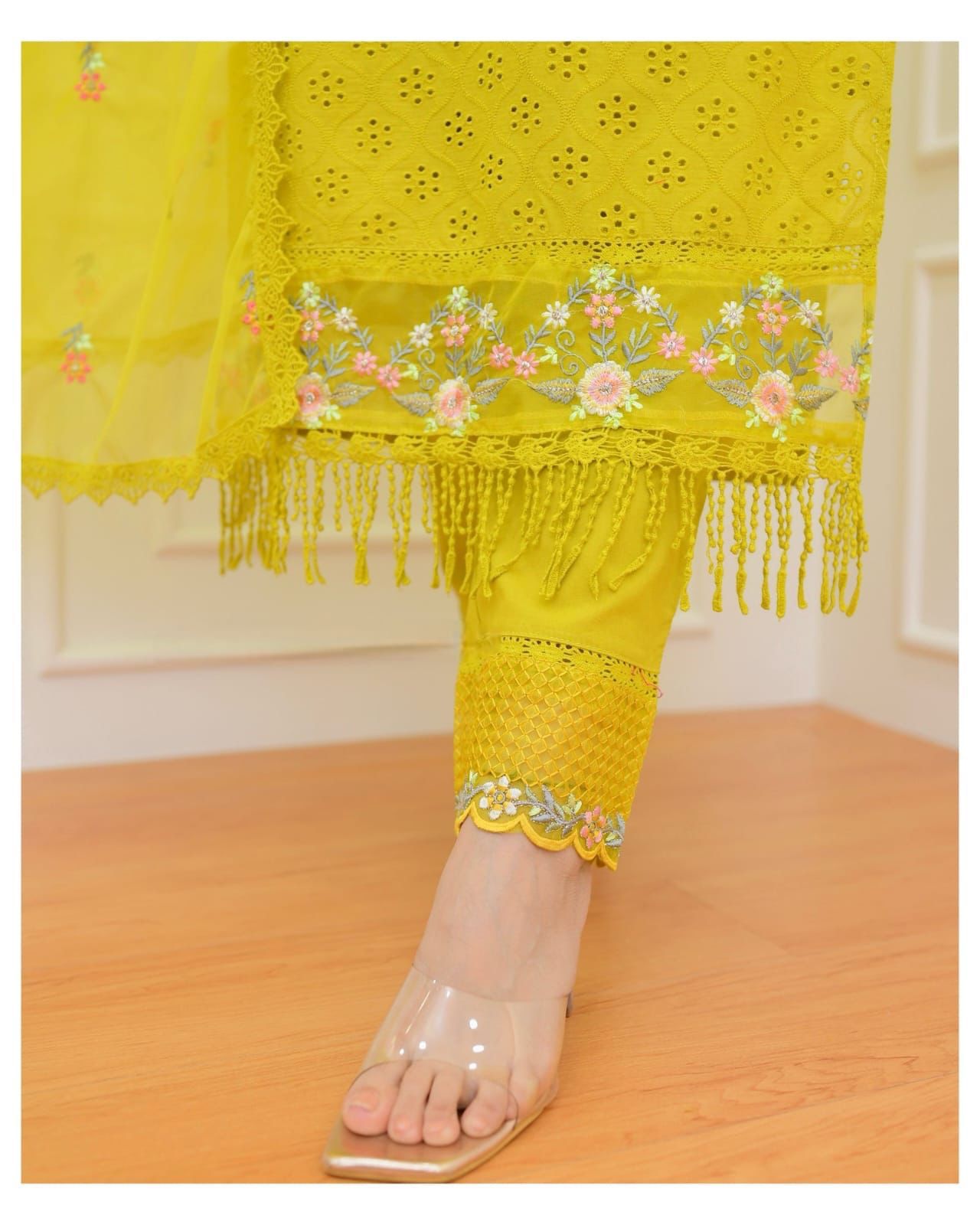 Ivory Flared Kurta Set with Intricate Floral Yoke Embroidery