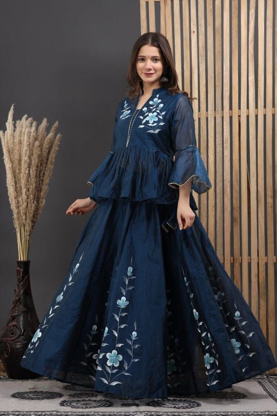 Tiered Peplum & Skirt Set with Hand-Painted Floral Motifs