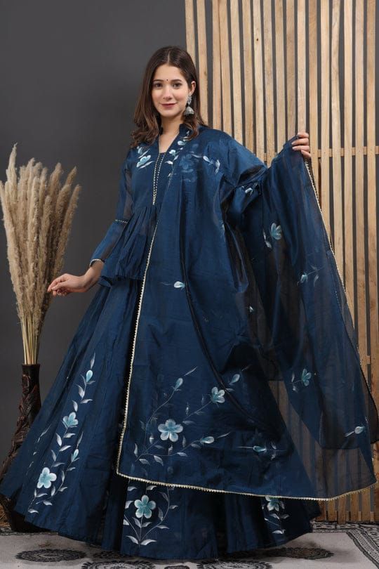 Tiered Peplum & Skirt Set with Hand-Painted Floral Motifs