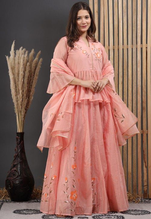 Tiered Peplum & Skirt Set with Hand-Painted Floral Motifs