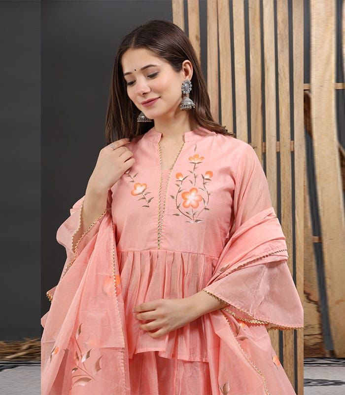Tiered Peplum & Skirt Set with Hand-Painted Floral Motifs