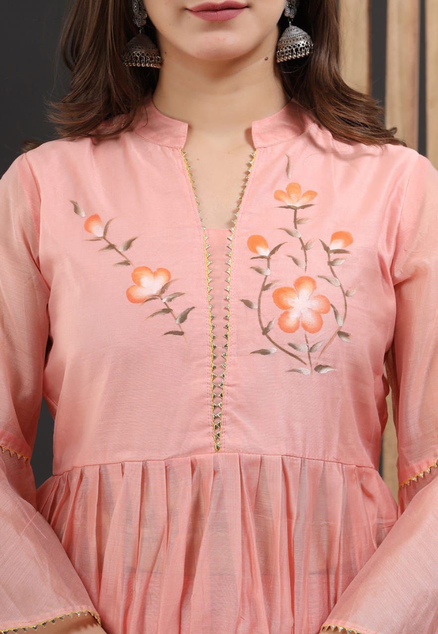 Tiered Peplum & Skirt Set with Hand-Painted Floral Motifs