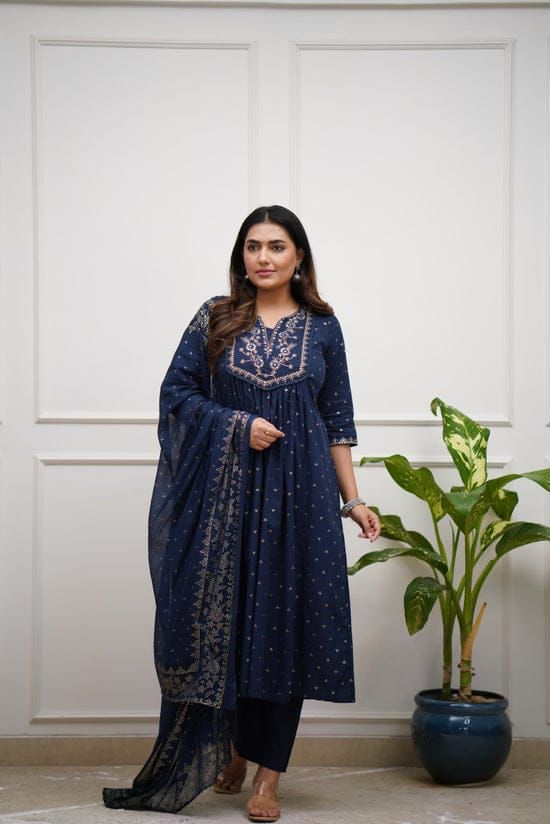 Navy Blue Flared Kurta Set with Gold Foil Print & Embroidered Yoke
