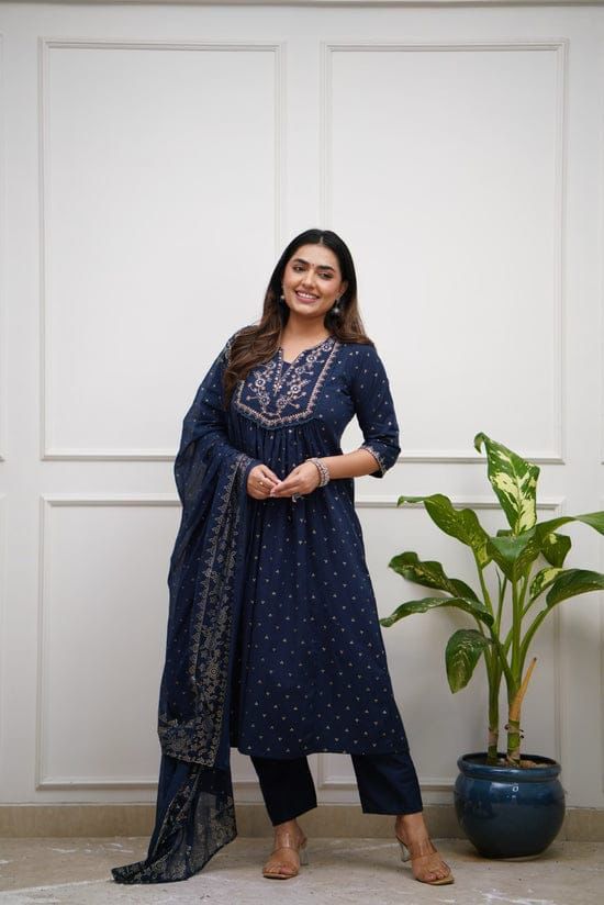 Navy Blue Flared Kurta Set with Gold Foil Print & Embroidered Yoke