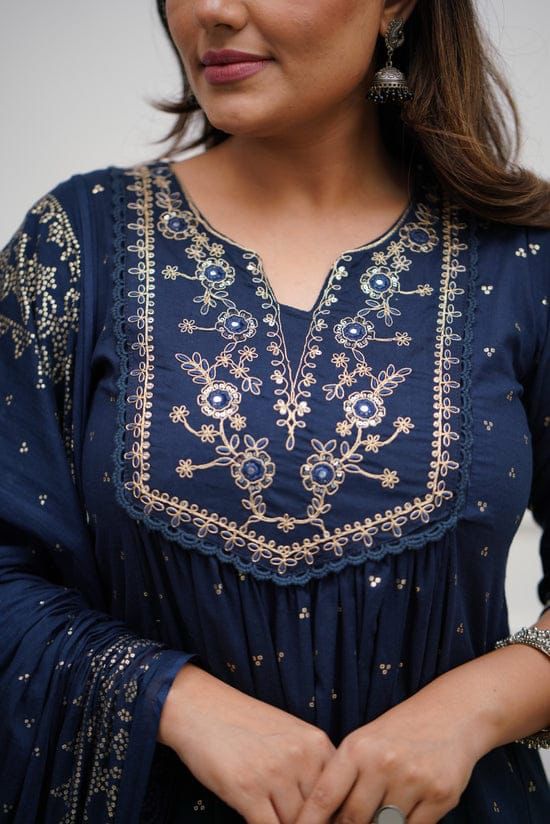 Navy Blue Flared Kurta Set with Gold Foil Print & Embroidered Yoke