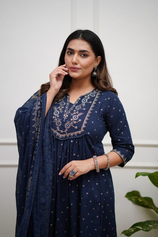Navy Blue Flared Kurta Set with Gold Foil Print & Embroidered Yoke