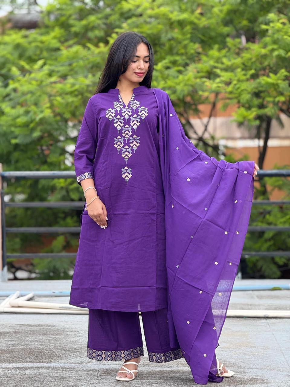 Straight Kurta Set with Intricate Zari Yoke & Print Palazzo