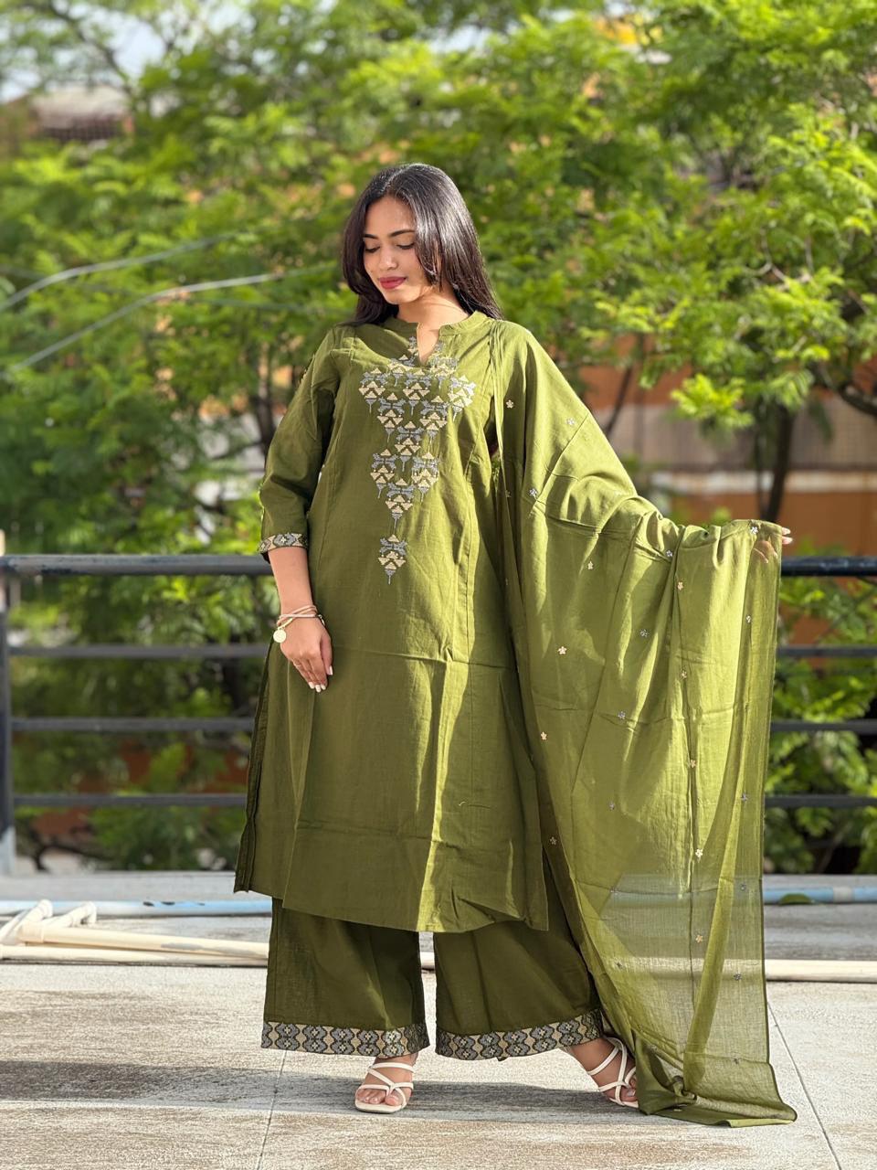 Olive Green Kurta Set with Intricate Yoke Embroidery