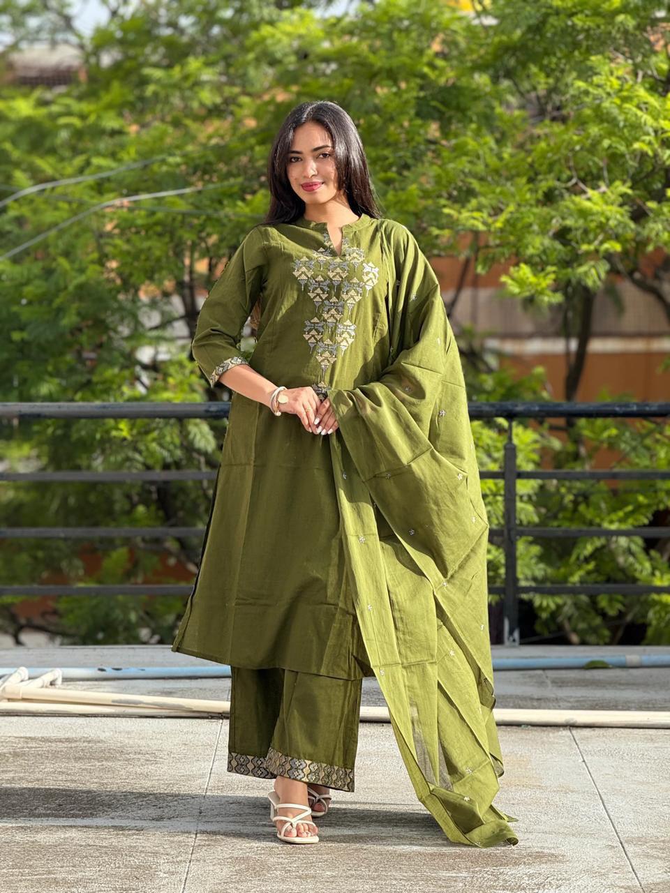 Olive Green Kurta Set with Intricate Yoke Embroidery