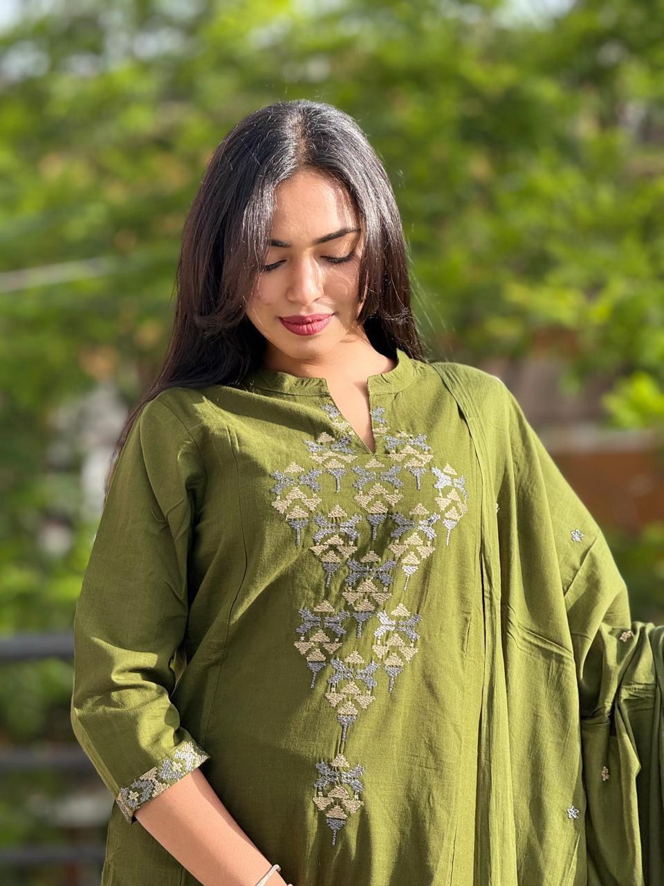 Olive Green Kurta Set with Intricate Yoke Embroidery