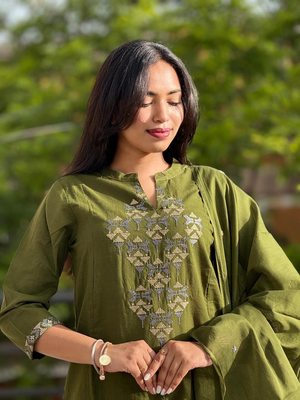 Olive Green Kurta Set with Intricate Yoke Embroidery