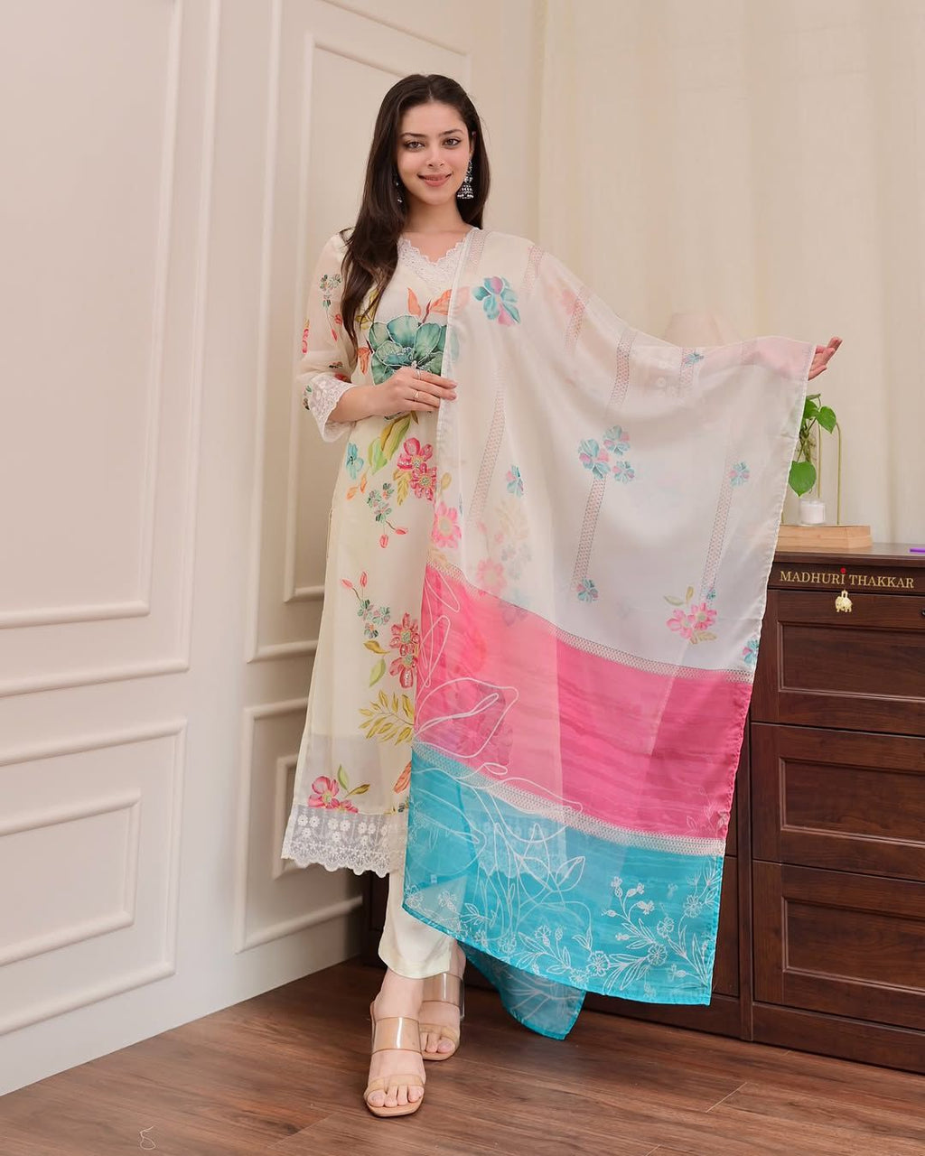 Ivory Floral Kurta Set with Lace Trim & Color-Block Dupatta