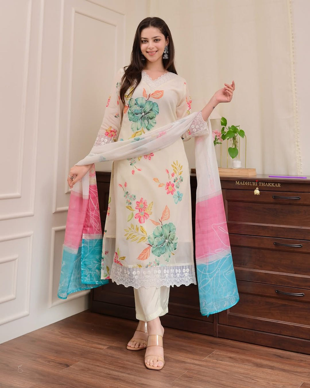 Ivory Floral Kurta Set with Lace Trim & Color-Block Dupatta