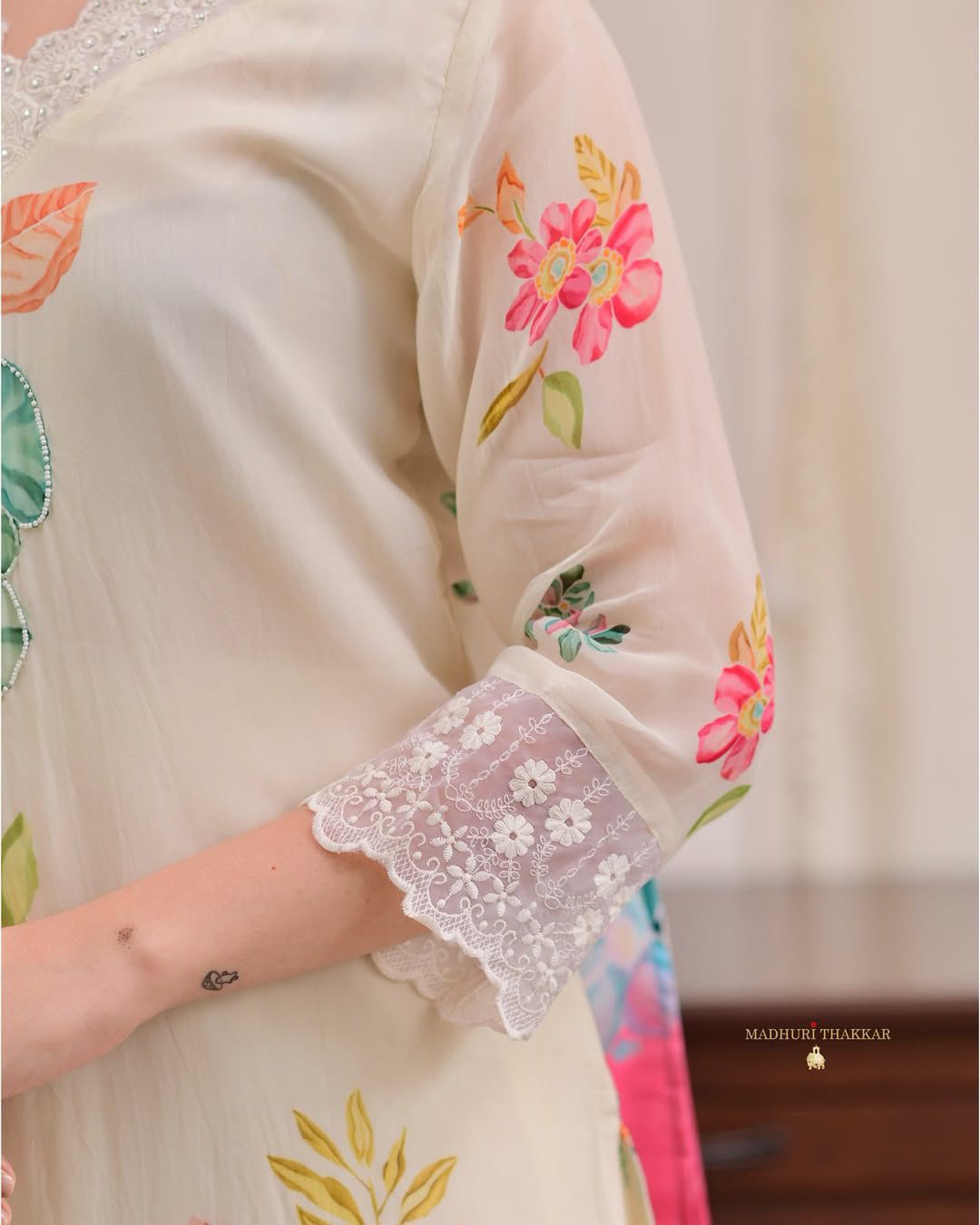 Ivory Floral Kurta Set with Lace Trim & Color-Block Dupatta