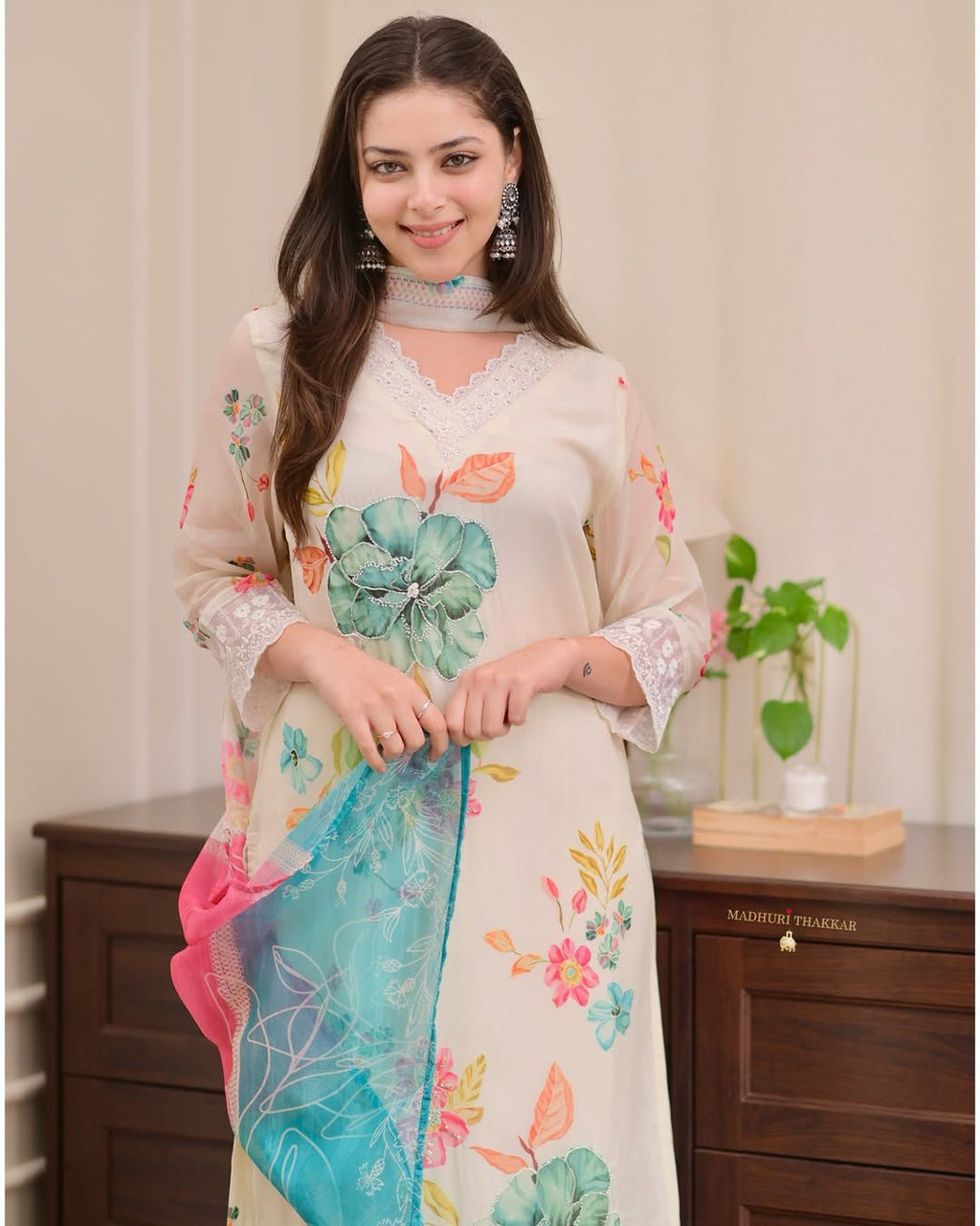 Ivory Floral Kurta Set with Lace Trim & Color-Block Dupatta