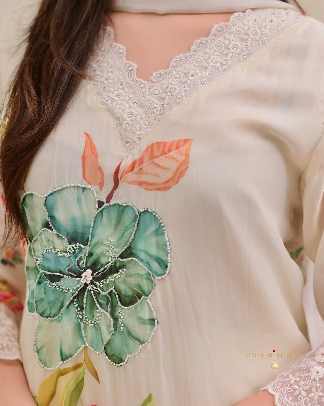 Ivory Floral Kurta Set with Lace Trim & Color-Block Dupatta