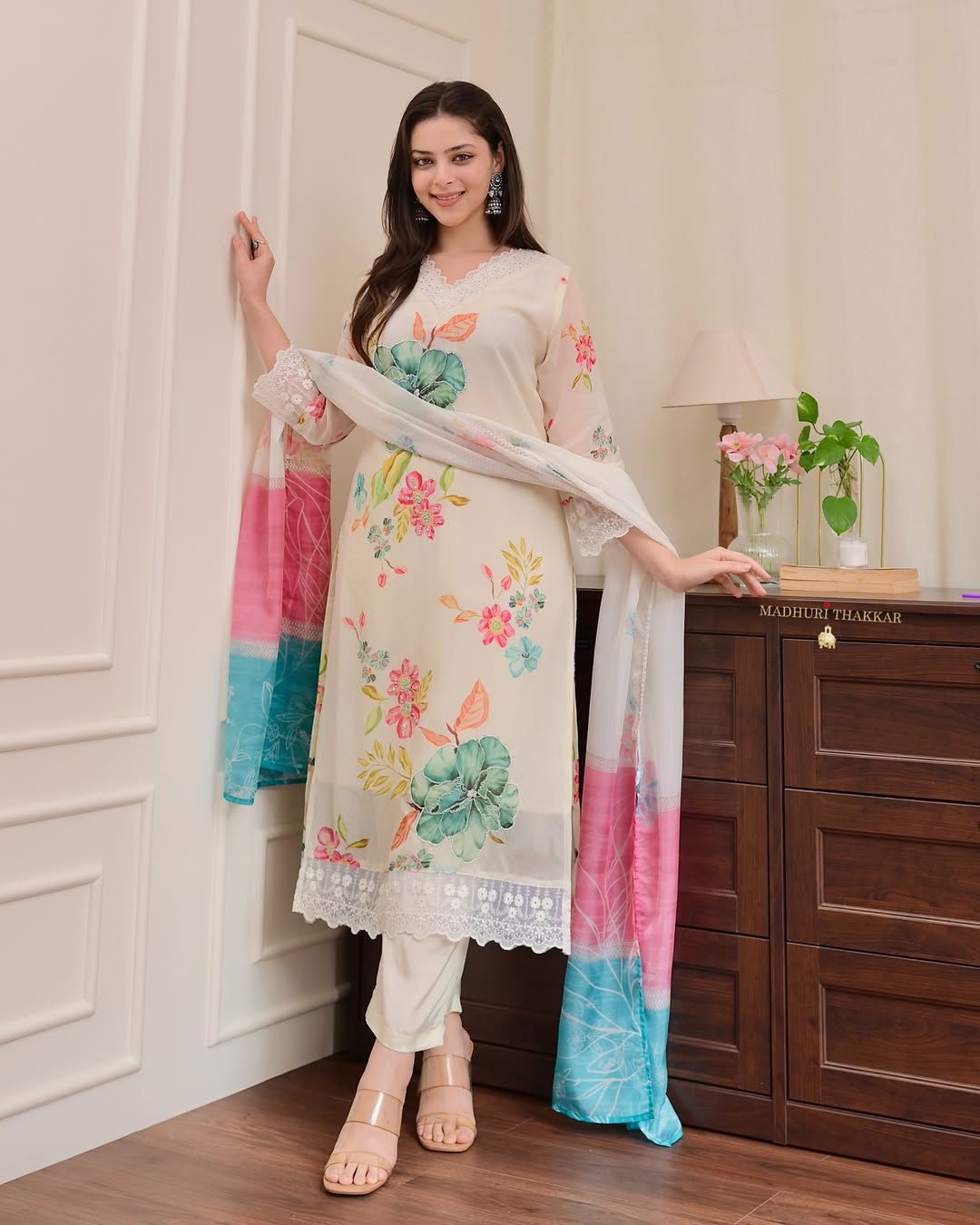 Ivory Floral Kurta Set with Lace Trim & Color-Block Dupatta
